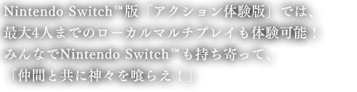 Nintendo Switch™版「アクション体験版」では、最大4人までのローカルマルチプレイも体験可能！みんなでNintendo Switchも持ち寄って、「仲間と共に神々を喰らえ！」